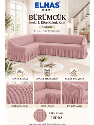ELHAS Bürümcük Kumaş 5 Kişilik Etekli L Köşe Koltuk Kılıfı | Koltuk Örtüsü