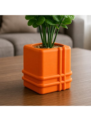 Northcity 3D Baskı Square Planter - Izgara Desenli Küp Saksı-Turuncu