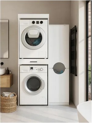 Vivense Fika Verga Çamaşır ve Kurutma Makinesi Banyo Dolabı, Kirli Sepetli, Beyaz