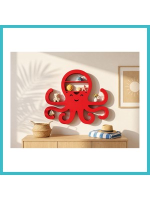 Defne Store 3D Baskı Ahtapot Duvar Rafı - Dekoratif Mini Raf-Kırmızı Dfnbez