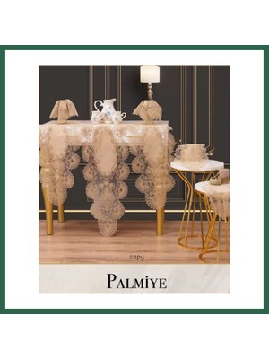 Vintessy Vıntessy Çeyizlik Palmiye Model Kapiçino Keten Runner Seti Şık Salon Takımı 7 Parça BZS01