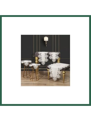 Vintessy Vıntessy Çeyizlik Kayla Model Krem-Gold 5 Parça Keten Dantelli Runner Seti Modern Salon Takımı BZS01