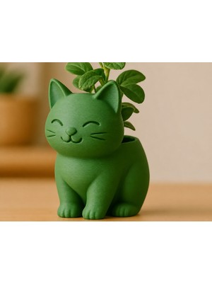 Northcity 3D Baskı Sevimli Kedi Saksı - Figürlü Sukulent Saksısı-Yeşil