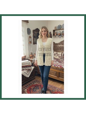 Vintessy Vıntessy Özel Tasarım Istiridye Yelek, Çeyizlik Yelek, Krem BZS01