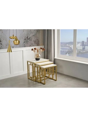 Vivense Oslo Gold Metal Ayaklı Ekru Üst Tablalı Zigon Sehpa