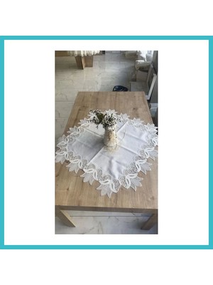Defne Store Masa Üzerine Runner, Sehpa Örtüsü Fransız Dantel Detaylı Kare 88X 88 cm Kayla Kreme Gold Dfnbez