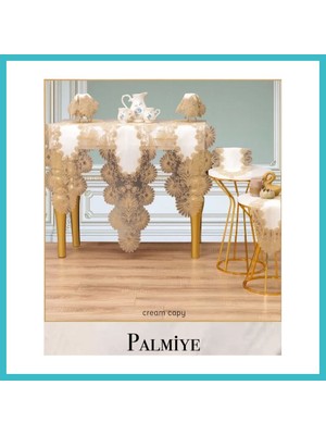 Defne Store Salon Takımı Çeyizlik Palmiye Model Krem-Kapiçino 5 Parça Keten Runner Seti Dfnbez