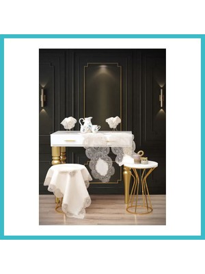 Defne Store Krem-Kapiçino Bellisima Model 5 Parça Keten Dantelli Salon Takımı Runner Seti No 800 Dfnbez