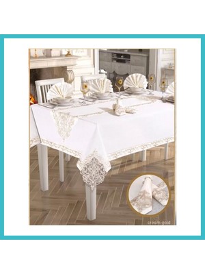 Defne Store Elegant Linen 26 Parça 12 Kişilik Krem-Gold 160 × 260 cm Masa Takımı Dfnbez