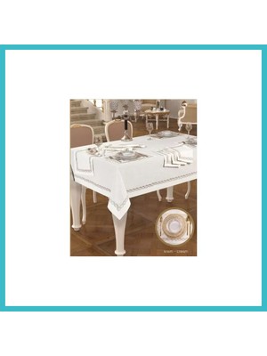 Defne Store Matilda Krem-Gümüşsimli 8 Kişilik 10 Parça 160 × 260 cm Amerikan Servisli Sofra Takımı Dfnbez