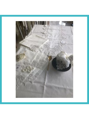 Defne Store Sofra Takımı 155X220 cm Masa Seti Keten Dantelli Dekoratif Gülse Model Yemek Masası Örtüsü Krem Dfnbez