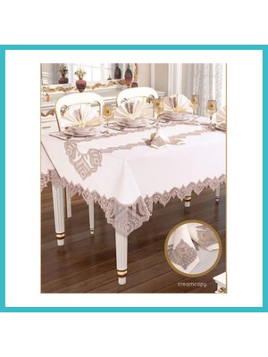 Defne Store Kartanesi Gardenya Keten Krem-Kapiçino 12 Kişilik 26 Parça Çeyizlik Şık 160X220 cm Masa Örtüsü Dfnbez