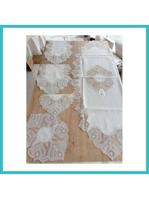 Defne Store Salon Takımı Çeyizlik Krem Runner Set 5 Parça Keten Ranır Masa Konsol Sehpa Örtüsü Kartanesi Dfnbez