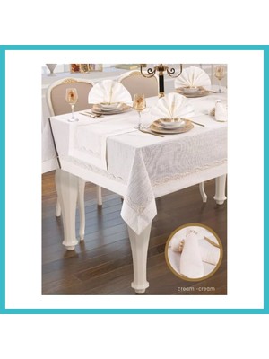 Defne Store Liana Krem-Krem 12 Kişilik 26 Parça 155 × 220 cm Zarif Şık Sofra Masa Seti Dfnbez