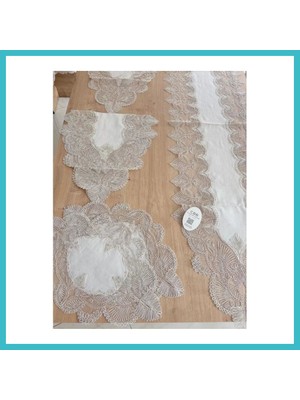 Defne Store Salon Takımı Angel Çeyizlik Kreme Gold Runner Set 5 Parça Keten Ranır Masa Sehpa Konsol Örtüsü Dfnbez