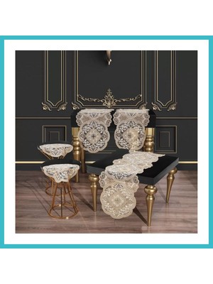Defne Store Alya Model Gold 5 Parça Salon Takımı Dantelli Masa Örtüsü Runner Seti Dfnbez