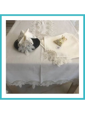 Defne Store Sofra Takımı Lady Gardenya Keten Yemek Takımı 160X220 Masa Seti 26 Parça Runner Set Kreme Gold Dfnbez
