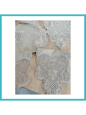 Defne Store Salon Takımı Çeyizlik Gold Runner Set 5 Parça Keten Ranır Masa Konsol Sehpa Örtüsü Gerdan Dfnbez