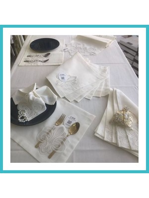 Defne Store Sofra Takımı Taç Gardenya Keten Yemek Takımı 160X260 Masa Seti 26 Parça Runner Set Krem Dfnbez