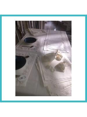 Defne Store Sofra Takımı Lina Gardenya Keten Yemek Takımı 160X260 Masa Seti 26 Parça Runner Set Krem Dfnbez