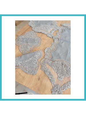 Defne Store Salon Takımı Çeyizlik Gri Runner Set 5 Parça Keten Masa Örtüsü Runneri Gerdan Dfnbez
