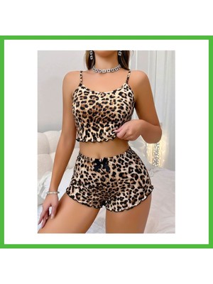 Bezos Kadın Leopar Desenli Askılı Şortlu Pijama Takımı 5239 · Beden: L/xl · Renk: Kahverengi Arz