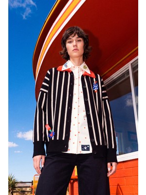 Mudo Kadın Siyah Çizgili Loose Fit Polo Yaka Hırka