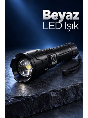 Kaia Life Şarjlı LED El Feneri Zoomlu Type C Şarjlı Dijital Batarya Göstergeli