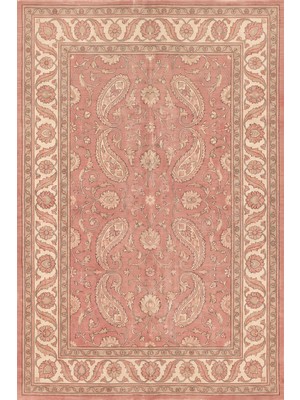 Rugzella Soluk Gül Pembe Klasik Çiçek Desenli Bordürlü Krem Yeşil Altın Yıkanabilir Halı
