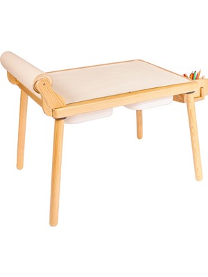 Woodnjoy Doğal Ahşap Duyusal Çocuk Aktivite Masası Oyun Masası ve Çocuk Çalışma Masası (Rulo Aparalı ve Kırtasiye İstasyonlu)