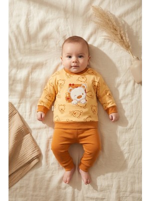 Babycan Bebek Ayıcık Nakışlı %100 Pamuk Sweatshirt ve Pantolon Ikili Takım - Hardal Turuncu