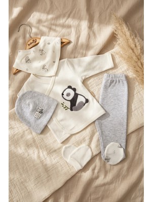 Babyim 5'li Panda Nakışlı %100 Pamuklu Bebek Hastane Çıkışı Seti - Gri Melanj & Ekru Yenidoğan Takımı