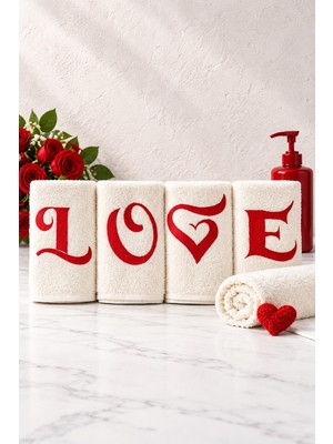 Ebru Tesettür Love Baskılı Dörtlü Mutfak Havlusu Beyaz