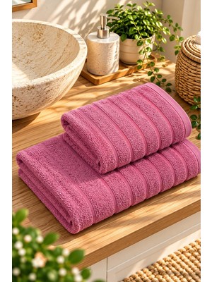 Ebru Tesettür Ikili Dalga Desen Banyo Havlu Seti Pembe