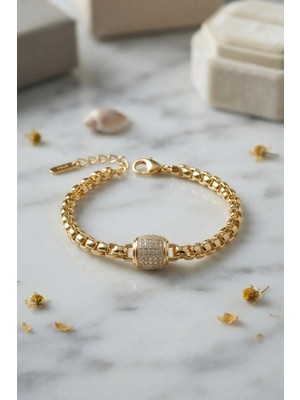 Inure Jewelry cm Gold Renk Venedik Zincir Detaylı Zirkon Taşlı Kadın Bileklik