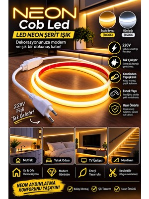 Lepold Neon Cob LED Şerit Işık 3 Metre Gün Işığı 220V Fişli Kendinden Yapışkanlı Tak Çalıştır Dekoratif Aydınlatma