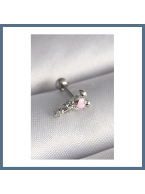 Bezos 316L Çelik Gümüş Renk Zirkon Taş Detay Pembe Kalp Işleme Tragus Piercing Bbz