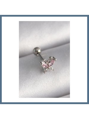 Bezos 316L Çelik Gümüş Renk Pembe Zirkon Taşlı Kelebek Tragus Piercing Bbz