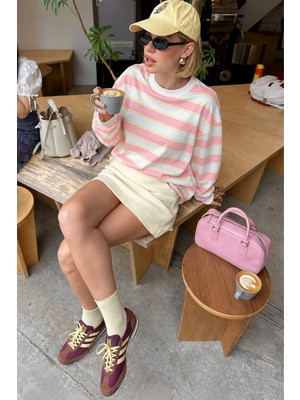 Madmext Pembe Bisiklet Yaka %100 Pamuklu Çizgili Uzun Kollu Tişört MG2362
