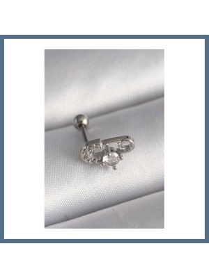 Bezos 316L Çelik Gümüş Renk Zirkon Taşlı Toplu Iğne Tragus Piercing Bbz