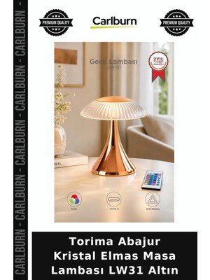 Carlburn Premium Torima Abajur Kristal Elmas Masa Lambası LW31 Altın Dekoratif Lamba Işık Cihazı Aydınlatma