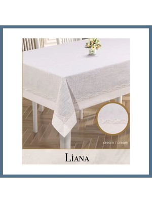 Bezos Keten Masa Örtüsü Tablecloth 160X220 cm Dantel Yemek Masası Örtüsü Liana Model Krem Bbz