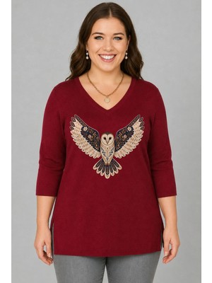 Curvy Trend Büyük Beden Baykuş Baskılı V Yaka Uzun Kol Yan Yırtmaçlı Bluz Bordo