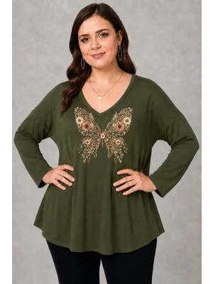 Curvy Trend Büyük Beden Floral Butterfly Baskılı V Yaka Uzun Kol Geniş Etekli Bluz Haki