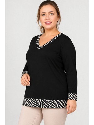 Curvy Trend Büyük Beden V Yaka Kolucu Etek Zebra Garnili Uzun Kol Bluz