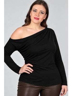 Curvy Trend Büyük Beden Geniş Kayık Yaka Uzun Kol Bluz