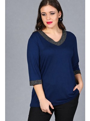 Curvy Trend Büyük Beden Yaka Kolucu Sim Bluz Lacivert