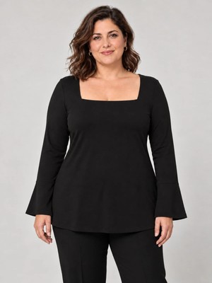 Curvy Trend Büyük Beden Kare Yaka Volan Kollu Bluz