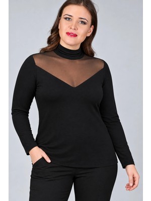 Curvy Trend Büyük Beden Roba Tül Yarım Balıkçı Yaka Uzun Kol Bluz