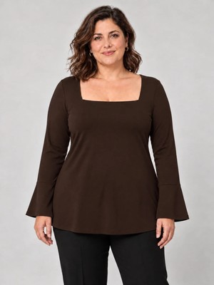 Curvy Trend Büyük Beden Kare Yaka Volan Kollu Bluz